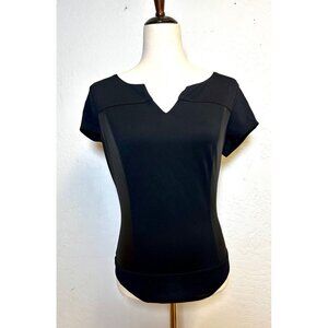 NWT Bebe Black Leather Blocked Bodysuit Women’s Medium Sexy Stretch Short Sleeve